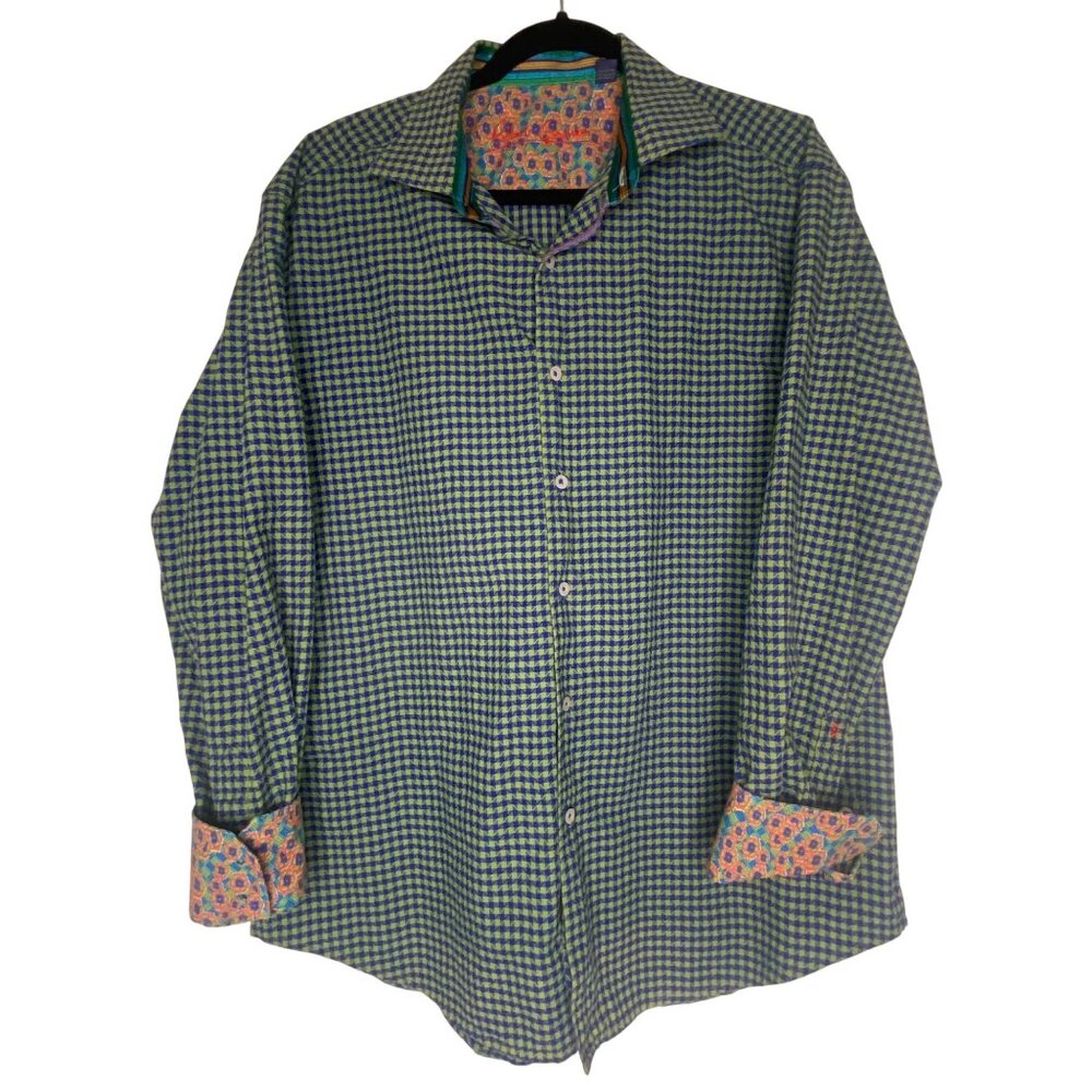Robert Graham Button Down Shirt Mens XL Green & Blue‎ Geometric Flip Cuff Preppy